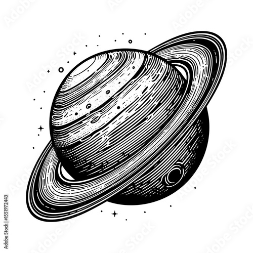 saturn planet sketch engraving black and white outline. Scratch board imitation.