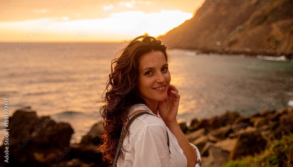 Natural Portrait of a Brunette Young Woman Smiling at the Beach During Sunset Natural Portrait of a Brunette Young Woman Smiling at the Beach During Sunset