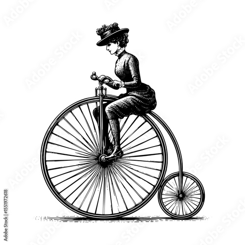 Woman riding penny farthing bicycle sketch engraving black and white outline. Scratch board imitation.  illustrated in vintage line art style on a white background.