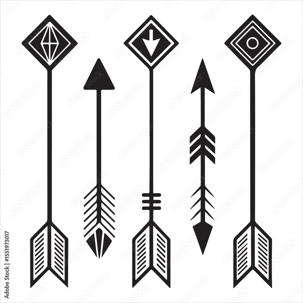 Collection of five stylized tribal arrow designs silhouette Collection of five stylized tribal arrow designs silhouette