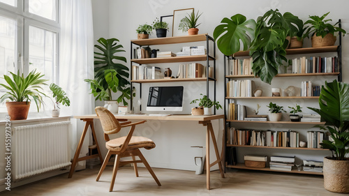 Scandinavian Wall with Books and Plants – Minimalist Home Interior