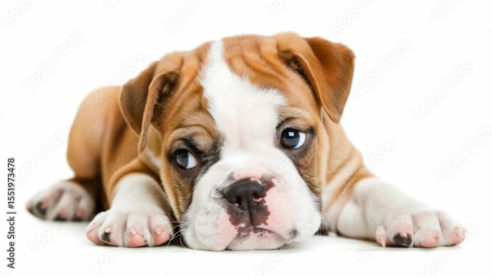 An adorable bulldog puppy with a cute expression lying down. It has a wrinkled face, floppy ears, and brown and white markings An adorable bulldog puppy with a cute expression lying down. It has a wrinkled face, floppy ears, and brown and white markings