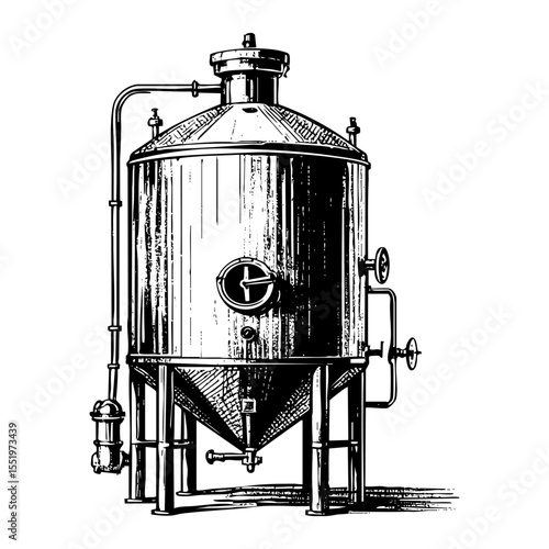 Beer brewing process factory sketch engraving black and white outline. Scratch board imitation.