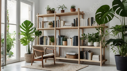 Scandinavian Wall with Books and Plants – Minimalist Home Interior