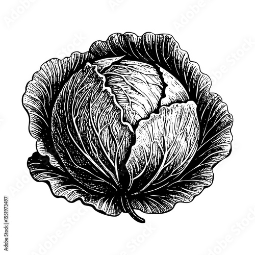 Cabbage engraving black and white outline. Scratch board imitation.  illustrated in vintage line art style on a white background.