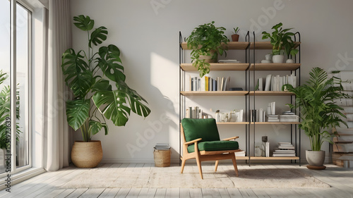 Scandinavian Wall with Books and Plants – Minimalist Home Interior
