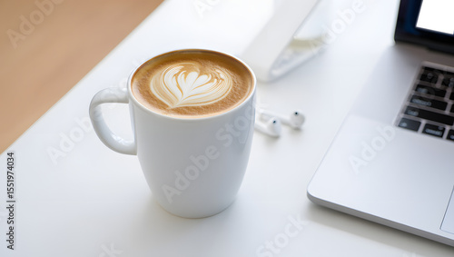 Coffee latte art with laptop and earphones on a white table