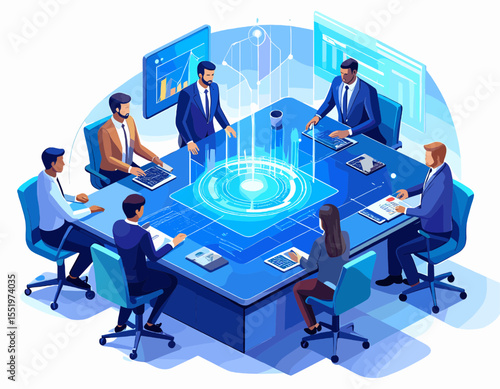 Business Meeting Illustration with Team at Blue Table Displaying Data on Screens in a Brightly Lit Room Featuring Strategy Discussion and Technological Interface