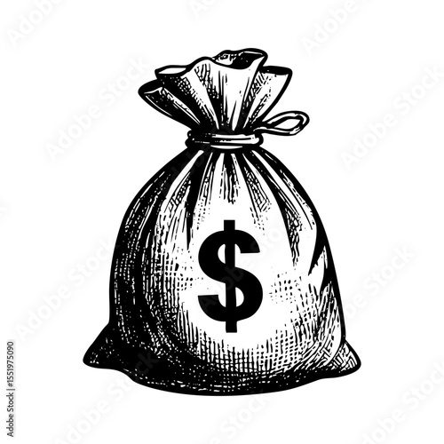 sack of money sketch engraving black and white outline. Scratch board imitation.