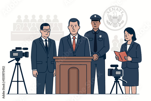 Flat Vector Illustration of Politician on Trial During Impeachment in Courtroom with Lawyers and Media