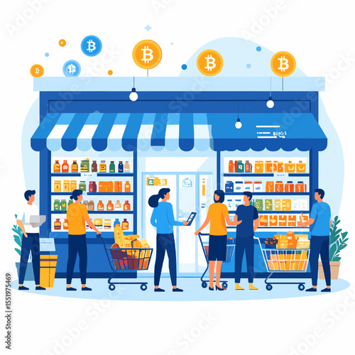 Busy Storefront with Shoppers Buying Products Under Bitcoin Banners in Blue and White Themed Illustration