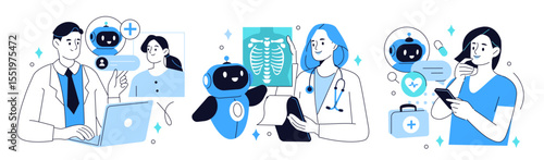 Artificial intelligence in medicine set. Doctor characters use ai tools for patient support, diagnosis, medical analysis. Healthcare technology concept. Vector illustration.