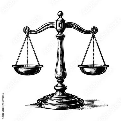 Scales of justice sketch engraving black and white outline. Scratch board imitation.  illustrated in vintage line art style on a white background.