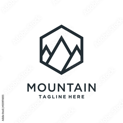 Minimalist mountain logo with peak inside a hexagon