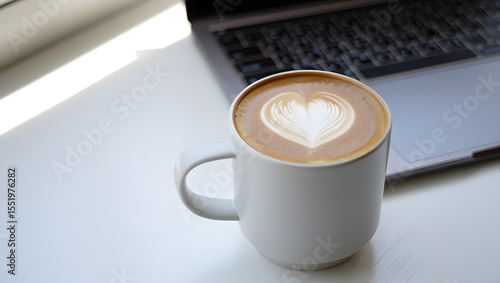 Coffee latte art with laptop on a white table in sunlight