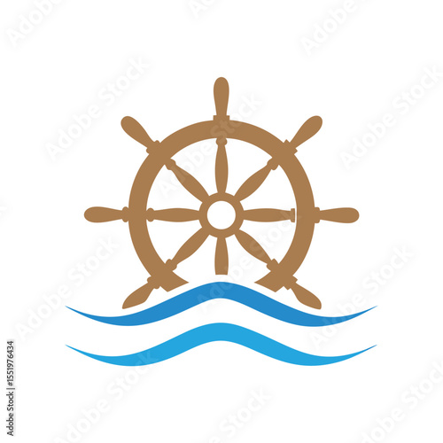 Brown Ship Wheel Over Blue Waves Nautical Symbol helm boat