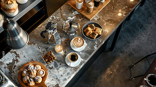 cinematic overhead shot of a rustic wooden table, various baked goods and pastries, mugs of coffee, glass jars filled with dried fruits and nuts, moody lighting, cozy and inviting, dark gritty texture