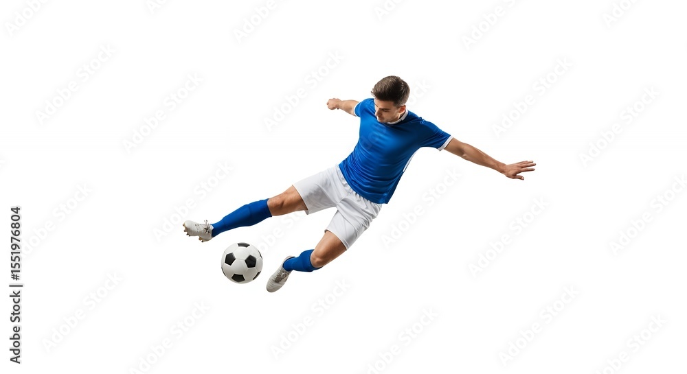 Obraz premium Athletic Man Kicking Soccer Ball in Blue Uniform Isolated on White