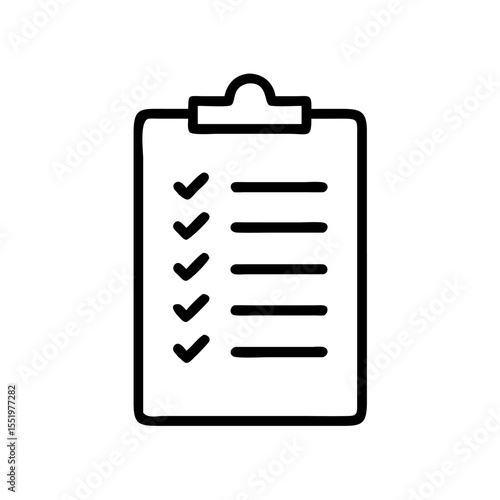 Minimalist Clipboard with Checklist Icon – Black Line Silhouette on White Background Representing To-Do Lists, Task Management, Survey Forms, Evaluation, Marking System, and Organizational Planning