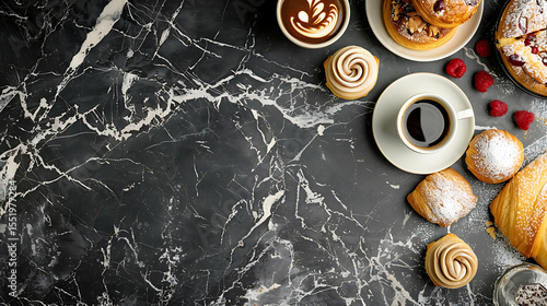 high quality, detailed, award-winning photography, dark moody atmosphere, dramatic lighting, marble table, pastries, coffee, baked goods, berries, eggs, elegant still life composition, chiaroscuro eff
