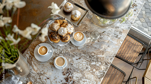 soft, warm lighting, glass mugs with coffee, decorated table, rustic, cozy, detailed, intimate, small flowers, warm tones, natural textures, high quality, photographic, tilt-shift effect
