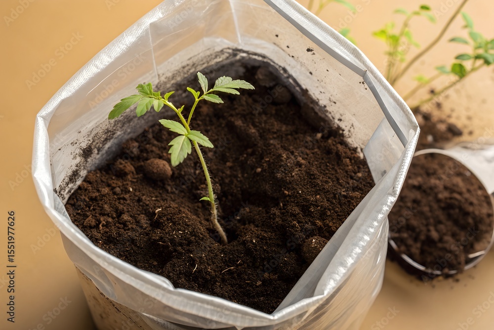 A close-up shot captures a small, fragile plant emerging from dark, rich soil within a translucent plastic bag A close-up shot captures a small, fragile plant emerging from dark, rich soil within a translucent plastic bag