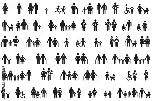 Family, relationship icon set. Vector glyph pictograms of couple, parent, child, elderly people, pregnancy, parenting, community, single mother, social care black silhouette.