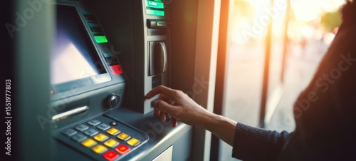 The ATM machine being used for a convenient cash withdrawal during sunset.