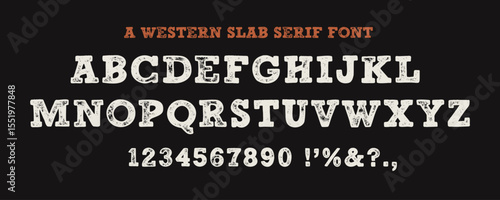 Distressed Western font. Bold uppercase letters, numbers, and symbols. Perfect for vintage, cowboy, or outdoor-themed designs.	