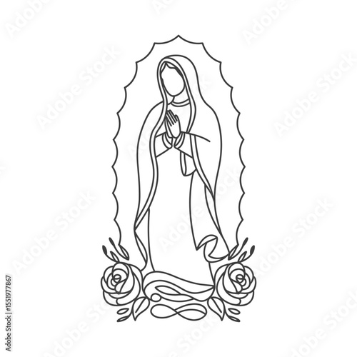 Stylized outline of the virgin mary with praying hands and roses