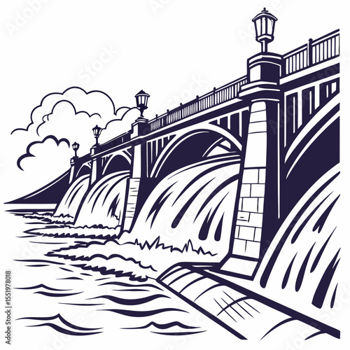 Creative River Barrage Vector Illustration | Detailed Water Control Structure for Hydropower, Irrigation, and Infrastructure Design	