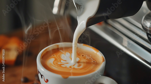 latte art, barista pouring milk into coffee, close-up shot of coffee cup, coffee shop interior, warm lighting, blurred background, steam rising from coffee
