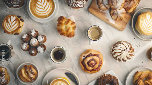 assortment of pastries, coffee, croissants, cinnamon rolls, danish, muffins, donuts, on a gray background, detailed, high resolution, food photography, flat lay, overhead view
