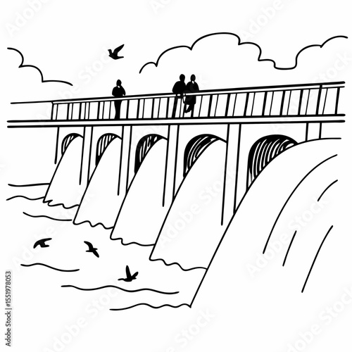 Creative River Barrage Vector Illustration | Detailed Water Control Structure for Hydropower, Irrigation, and Infrastructure Design	