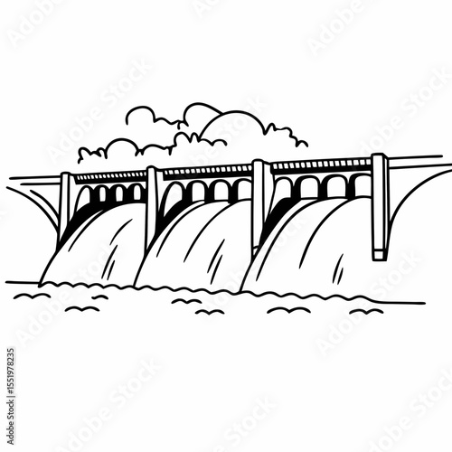 Creative River Barrage Vector Illustration | Detailed Water Control Structure for Hydropower, Irrigation, and Infrastructure Design	
