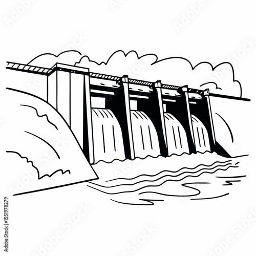 Creative River Barrage Vector Illustration | Detailed Water Control Structure for Hydropower, Irrigation, and Infrastructure Design	