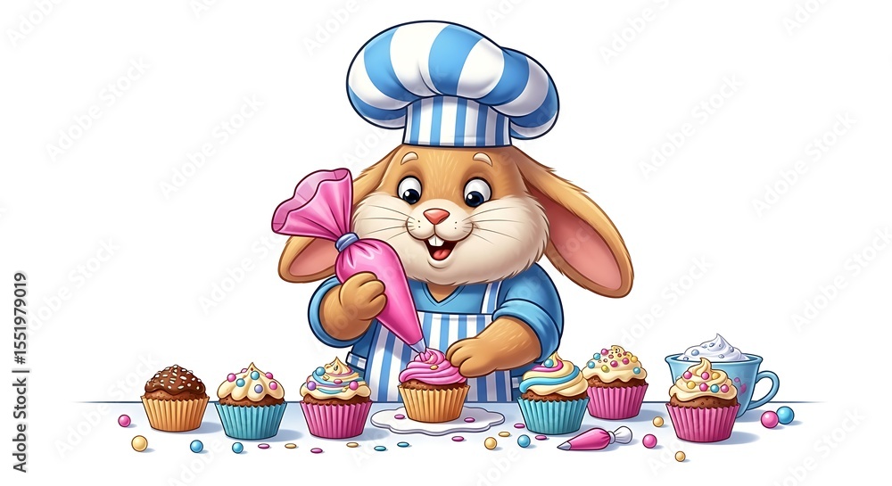 Naklejka premium Cartoon bunny chef decorating cupcakes with frosting and sprinkles on a white background table