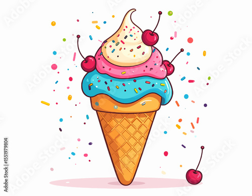 Colorful Cartoon Ice Cream Cone with Cherries and Sprinkles on a White Background Featuring Three Scoops of Vanilla Pink and Blue