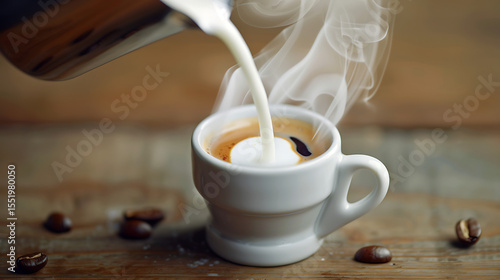 high quality, detailed, photorealistic, steaming hot cup of coffee, coffee beans, wooden table, natural lighting, soft focus, warm tones
