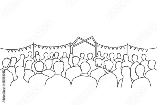 Crowd of People Gathered Under Pennant Banners Black and White Line Art
