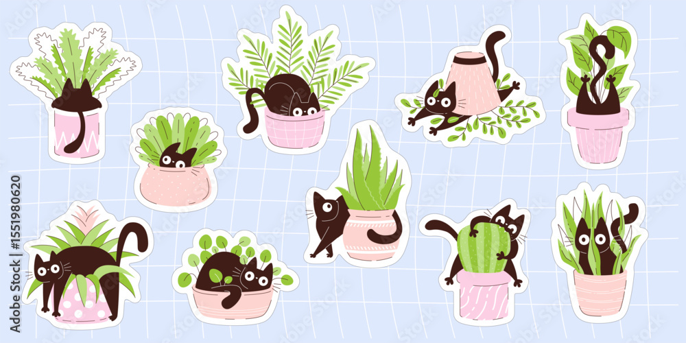 Obraz premium Set of cute cat sticker illustrations with playful black kittens hiding in flower pots. Flat design perfect for planner decoration, scrapbooking, kids crafts and stationery