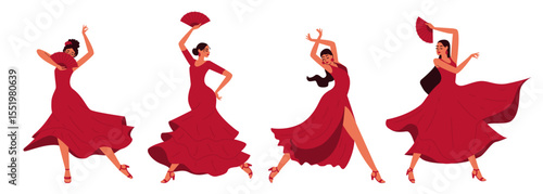 Four women in red dresses with fans dance flamenco. Spanish dance in various poses in a flat, modern style. Simple geometric style showing movement and traditional Spanish dance.