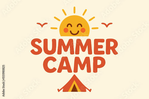 Bright summer camp logo with smiling sun and tent on light background