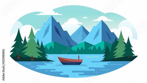 Calm Lake Canoe Scene Mountain And Pine Forest Line Art Vector
