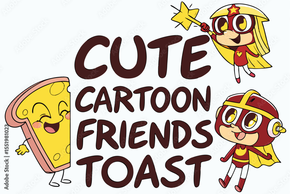 Obraz premium Cute cartoon toast friends in bold stencil font