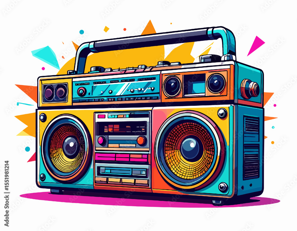 Obraz premium Colorful Pixel Art Style Boombox with Orange Yellow and Blue Color Scheme Isolated on White Background for Retro Music and Audio Entertainment