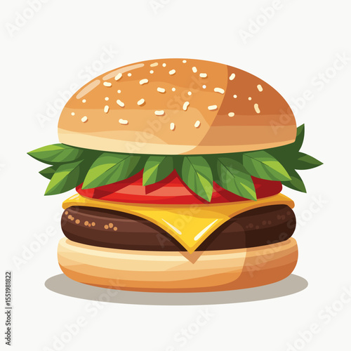 Classic hamburger with cheese, lettuce, and tomato on white background  