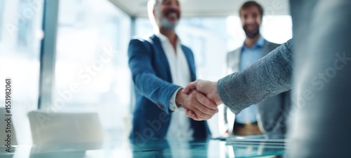 The handshake symbolizes a new partnership between business professionals.