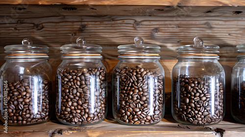 glass jars, wooden shelves, coffee beans, rustic, still life, warm lighting, natural texture, kitchen decor, food photography, minimalist, vintage, cozy atmosphere
