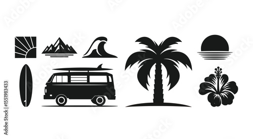 A tropical beach and surf-themed vector set with palm trees, waves, surfboards, a van, and ocean elements in a bold black silhouette style.